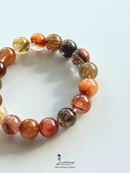 Rare Natural Multi-Coloured polychrome Rutilated Quartz Bracelet 13.5mm, Mixed colour, One of a Kind
