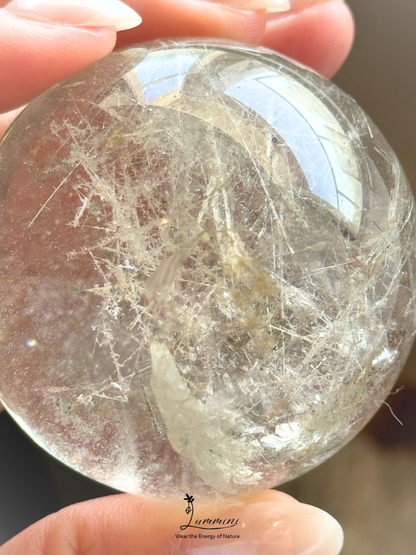Rare & Distinctive,  Collector-Grade - Natural Garden Quartz Sphere with Frosted Rutile-Style Inclusions, Green Phantom & Rainbow, 48.5mm