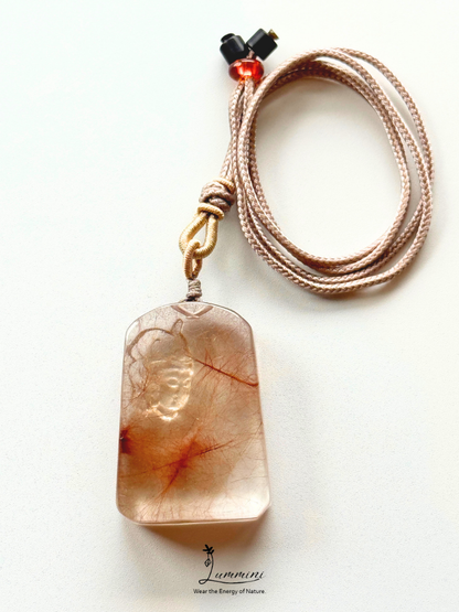 Rare!! Collector-Grade Red Copper Rutilated Quartz Guanyin Statement Necklace – Hand Carved 47.5mm