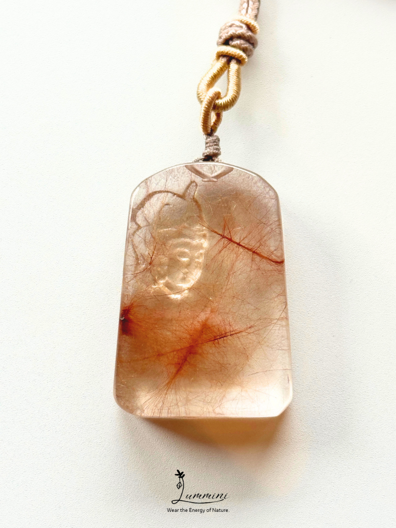 Rare!! Collector-Grade Red Copper Rutilated Quartz Guanyin Statement Necklace – Hand Carved 47.5mm