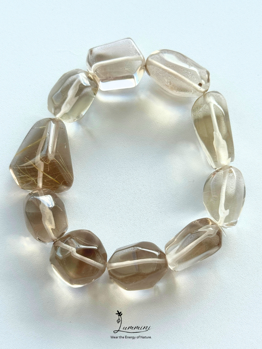 Artisan Natural AAA Grade Smoky Quartz Bracelet with Golden Rutile Accent Bead – Hand Cut Freeform, Approx. 12.5 mm