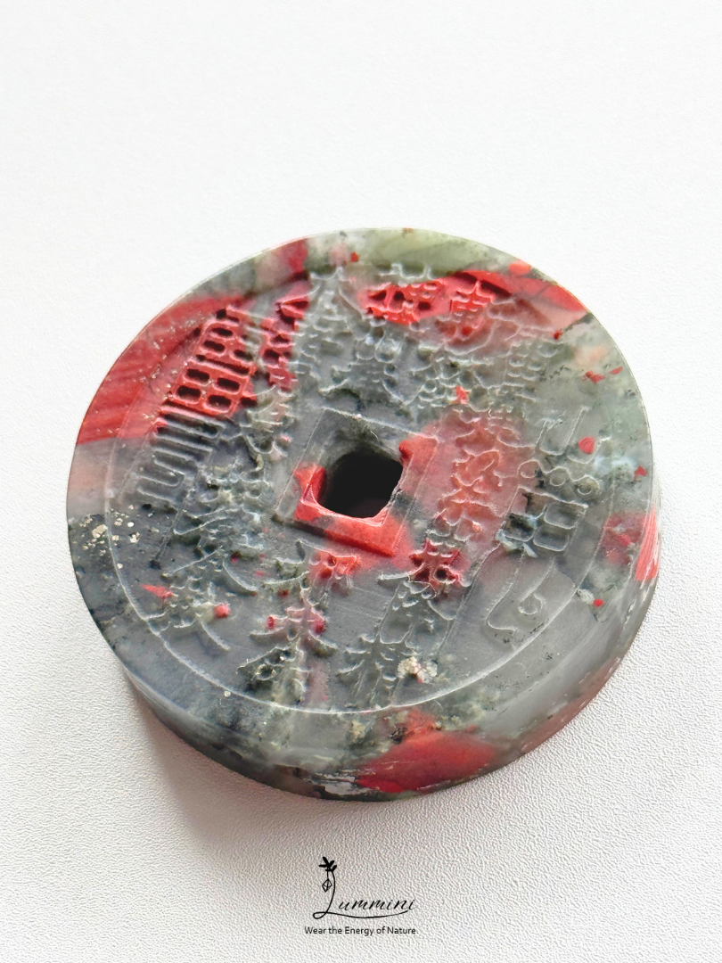 Natural African Bloodstone Shānguǐ Huāqián Coin Carving – 40mm