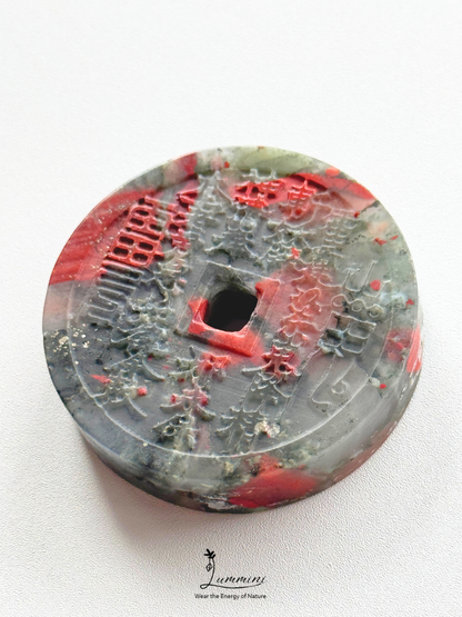 Natural African Bloodstone Shānguǐ Huāqián Coin Carving – 40mm