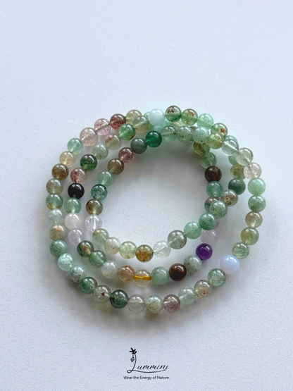 Natural Green Strawberry Quartz Duobao Multi-Wrap Bracelet – Mixed Crystals, 6mm