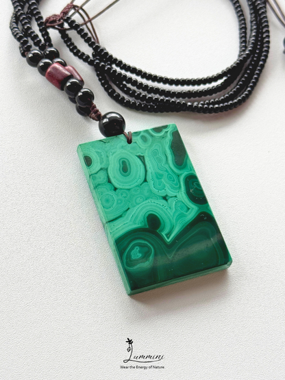 Natural Malachite Rectangle Pendant Necklace – 37.5mm