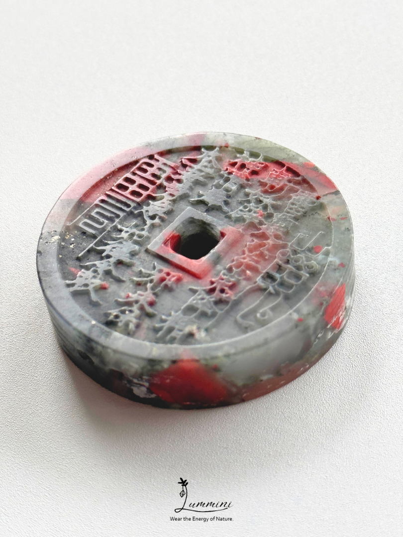 Natural African Bloodstone Shānguǐ Huāqián Coin Carving – 40mm