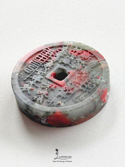 Natural African Bloodstone Shānguǐ Huāqián Coin Carving – 40mm