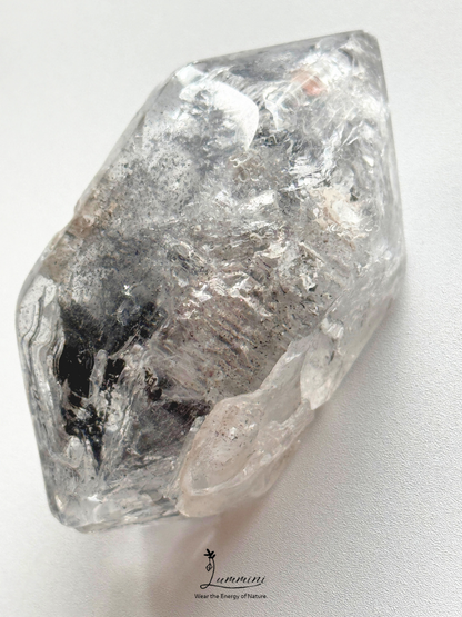 Natural Polished Guizhou Herkimer Quartz Double-Terminated Palm Stone – 108g, White Clay & Black Sand Inclusions – 67.5mm