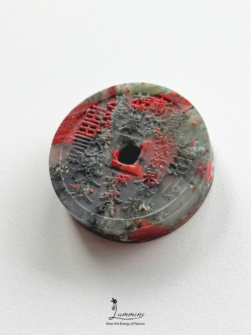 Natural African Bloodstone Shānguǐ Huāqián Coin Carving – 40mm