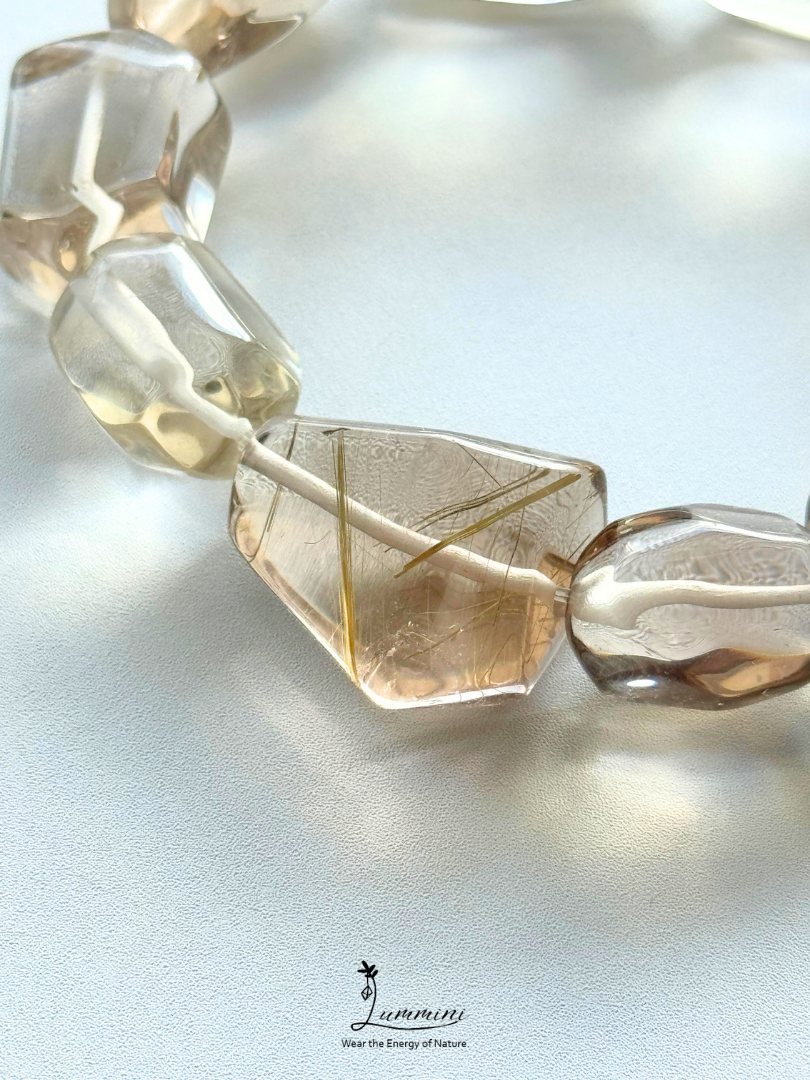 Artisan Natural AAA Grade Smoky Quartz Bracelet with Golden Rutile Accent Bead – Hand Cut Freeform, Approx. 12.5 mm