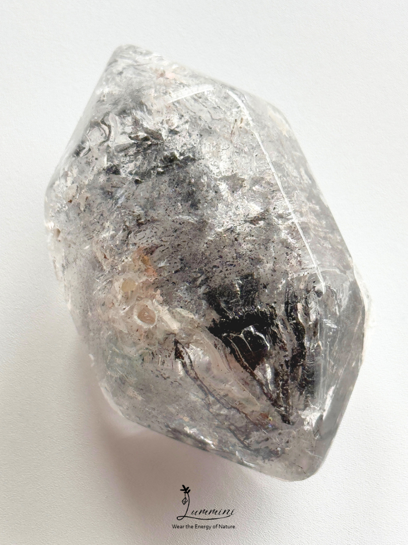 Natural Polished Guizhou Herkimer Quartz Double-Terminated Palm Stone – 108g, White Clay & Black Sand Inclusions – 67.5mm