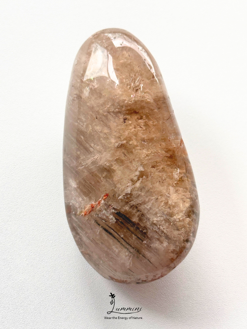 Natural White Garden Quartz Palm Stone with Black & Grey Rabbit Hair Inclusions - 63g