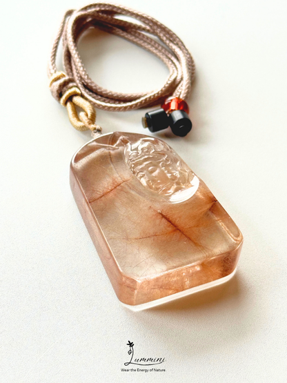 Rare!! Collector-Grade Red Copper Rutilated Quartz Guanyin Statement Necklace – Hand Carved 47.5mm