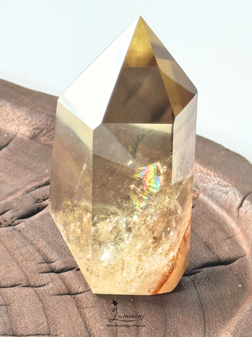 AAAA Rare Natural Brazilian Citrine Crystal Tower with Rainbow, Golden Quartz Obelisk, Collector, Display Piece – 165g, 8.25cm, One of a Kind