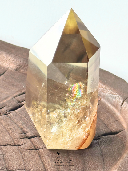 AAAA Rare Natural Brazilian Citrine Crystal Tower with Rainbow, Golden Quartz Obelisk, Collector, Display Piece – 165g, 8.25cm, One of a Kind