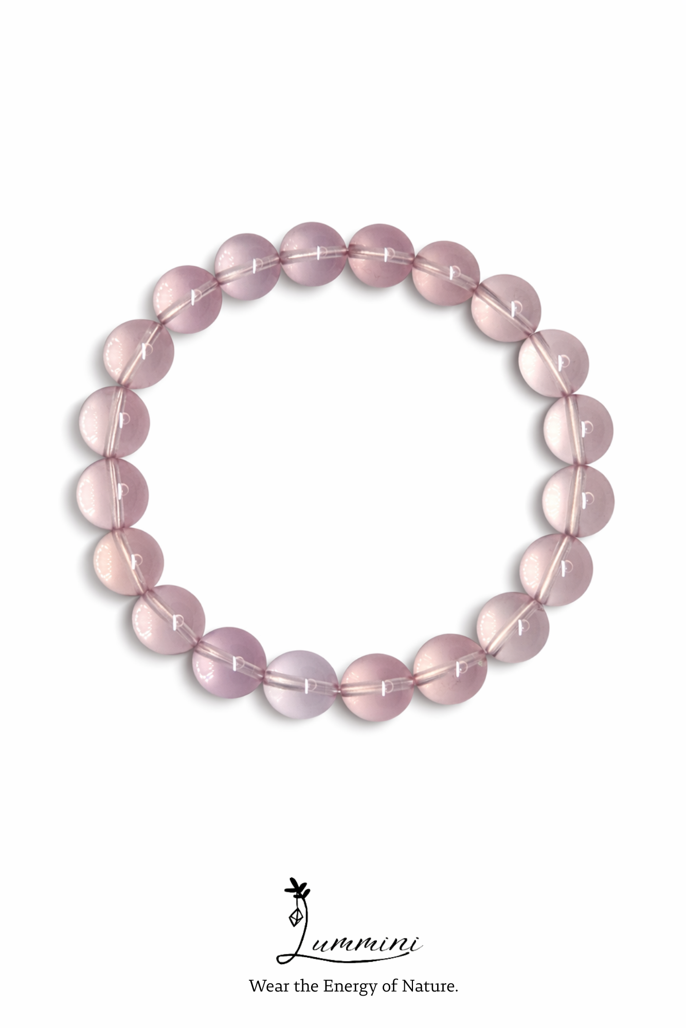 Pink beaded bracelet on a white background with 'Luminizi' branding.