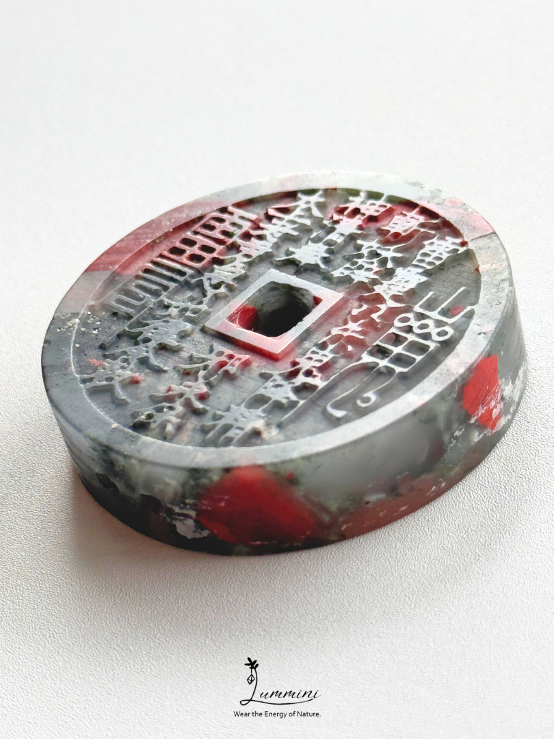 Natural African Bloodstone Shānguǐ Huāqián Coin Carving – 40mm