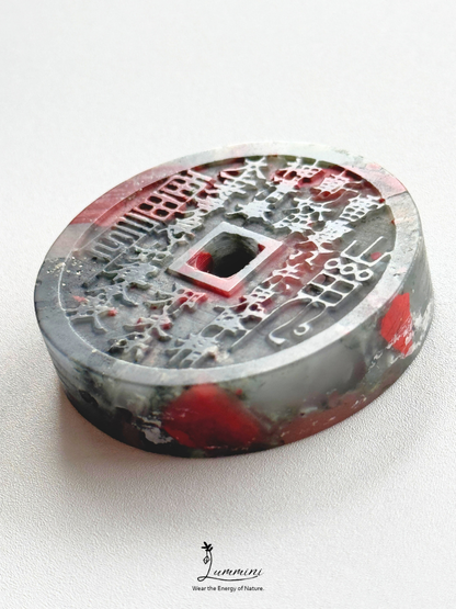 Natural African Bloodstone Shānguǐ Huāqián Coin Carving – 40mm