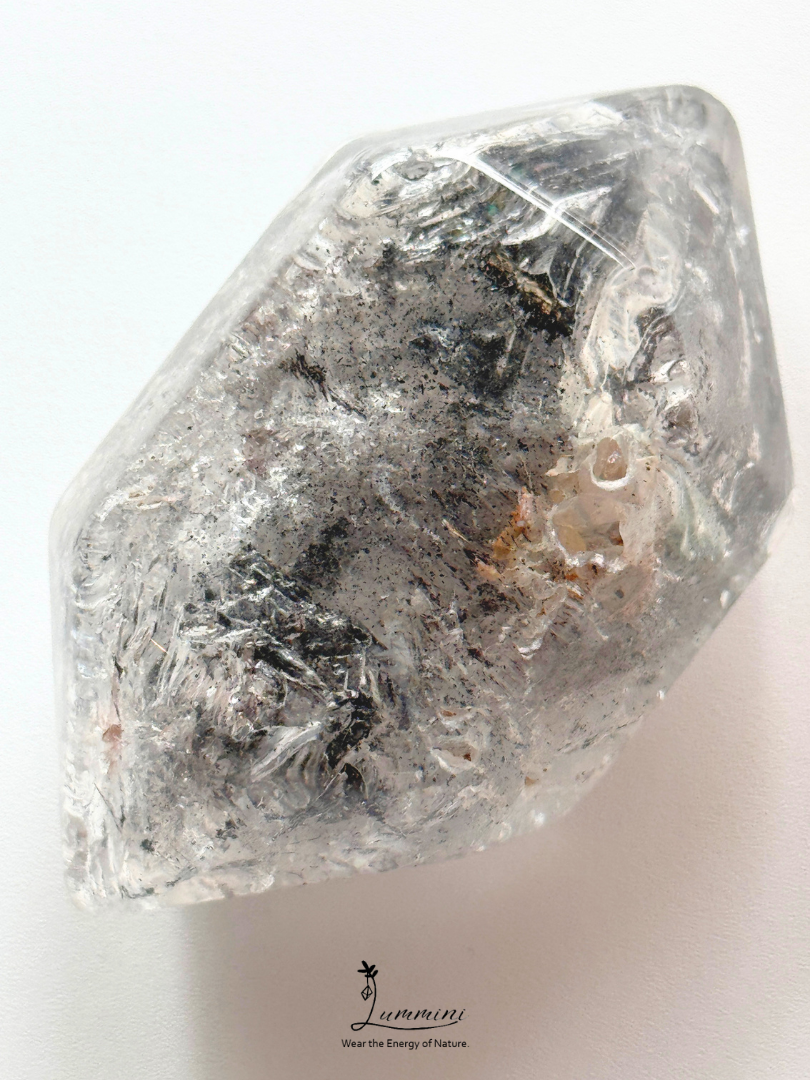 Natural Polished Guizhou Herkimer Quartz Double-Terminated Palm Stone – 108g, White Clay & Black Sand Inclusions – 67.5mm