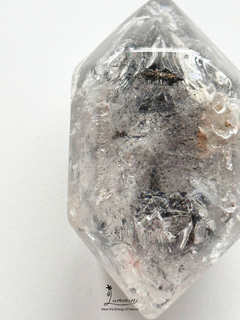 Natural Polished Guizhou Herkimer Quartz Double-Terminated Palm Stone – 108g, White Clay & Black Sand Inclusions – 67.5mm