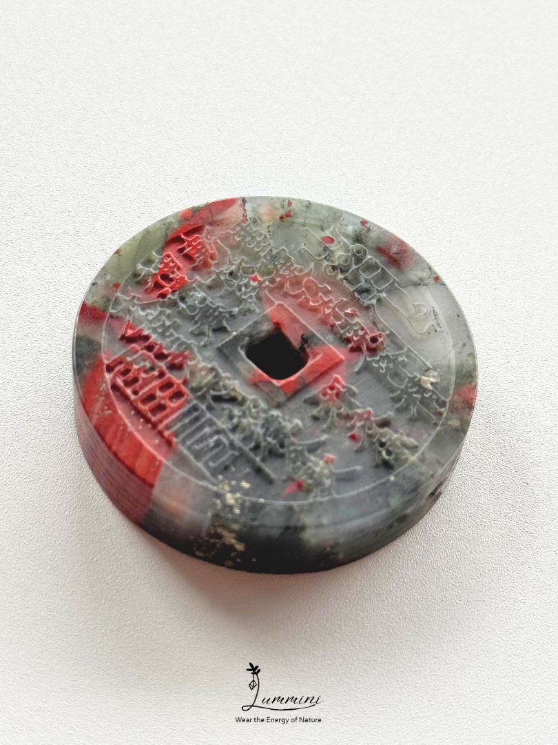 Natural African Bloodstone Shānguǐ Huāqián Coin Carving – 40mm