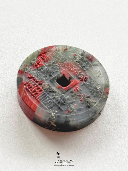 Natural African Bloodstone Shānguǐ Huāqián Coin Carving – 40mm