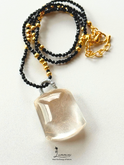 Natural Golden Rutilated Quartz Pendant Necklace with Black Obsidian Beaded Chain – 28mm