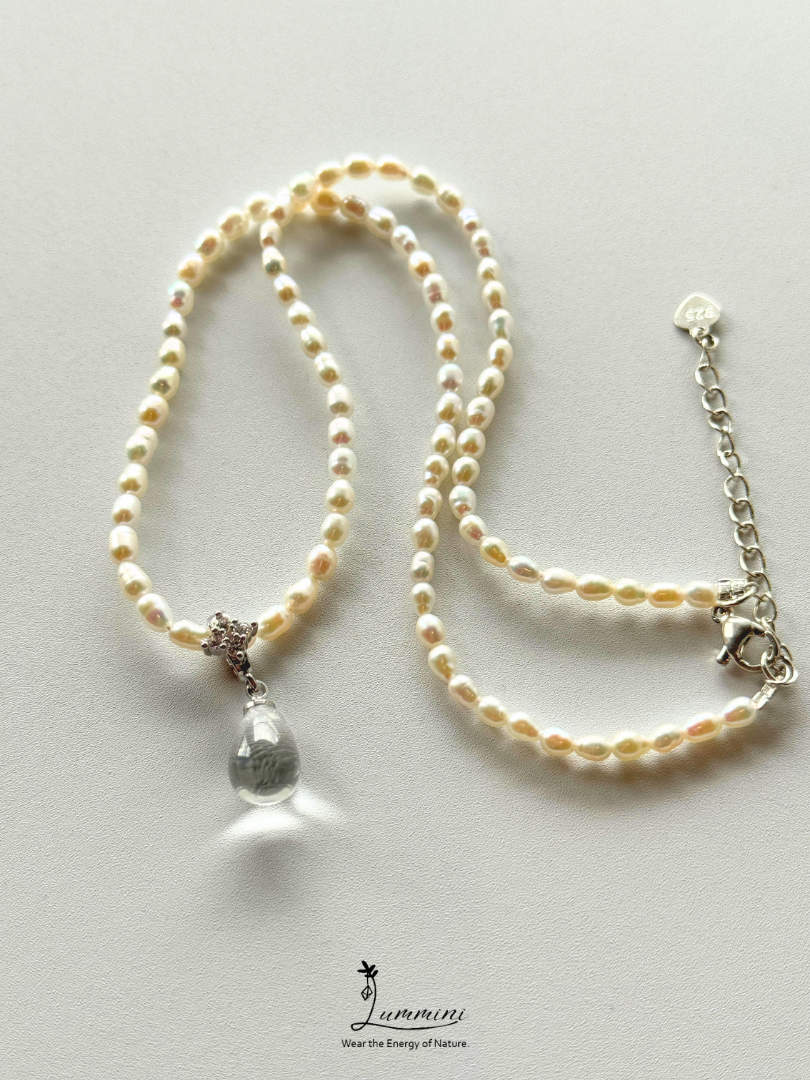 Natural Freshwater Pearl Necklace with Clear Quartz Pendant, Gift Ready, One of a Kind Jewellery