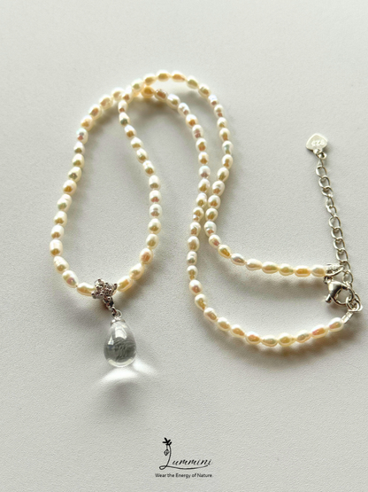 Natural Freshwater Pearl Necklace with Clear Quartz Pendant, Gift Ready, One of a Kind Jewellery