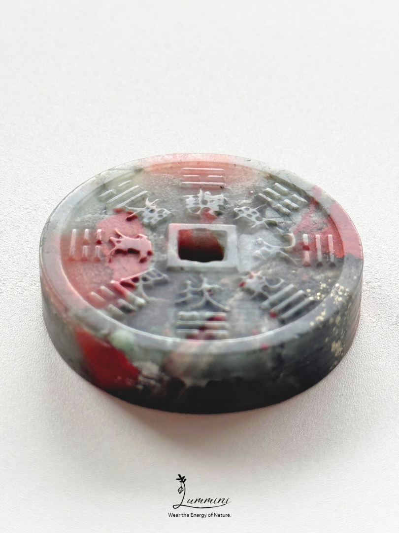 Natural African Bloodstone Shānguǐ Huāqián Coin Carving – 40mm