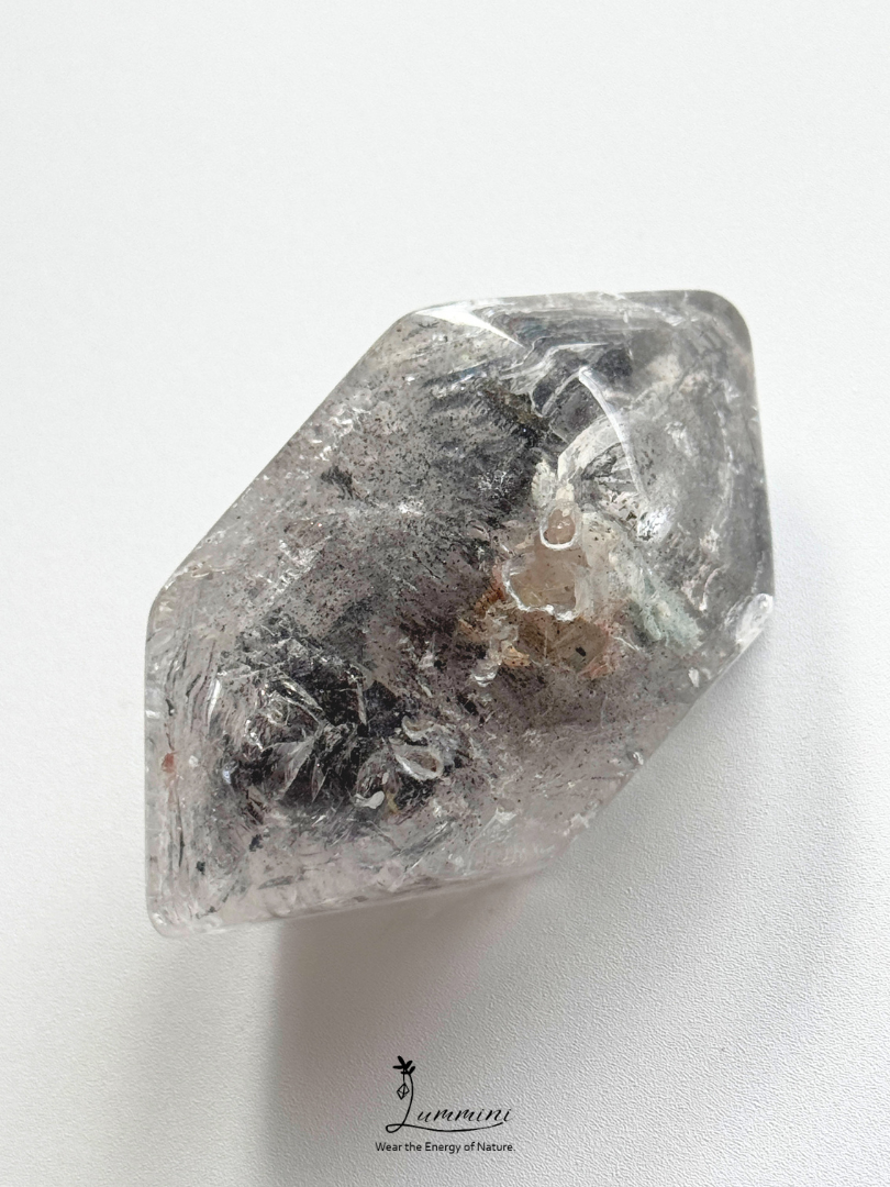 Natural Polished Guizhou Herkimer Quartz Double-Terminated Palm Stone – 108g, White Clay & Black Sand Inclusions – 67.5mm
