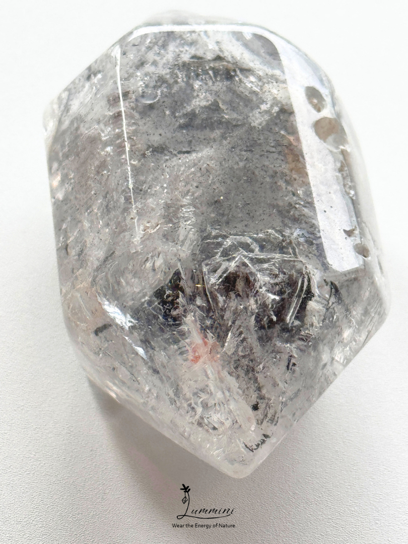 Natural Polished Guizhou Herkimer Quartz Double-Terminated Palm Stone – 108g, White Clay & Black Sand Inclusions – 67.5mm