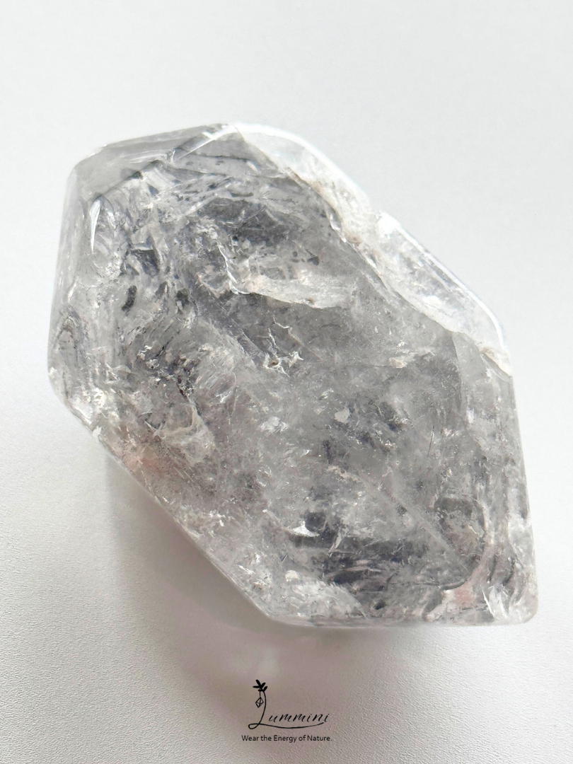 Natural Polished Guizhou Herkimer Quartz Double-Terminated Palm Stone – 108g, White Clay & Black Sand Inclusions – 67.5mm