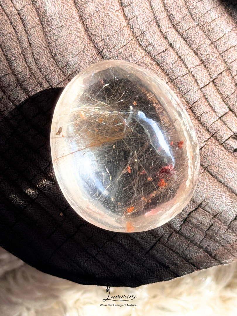 Natural Golden Rutilated Quartz Palm Stone with Red Blossom-Like Inclusions