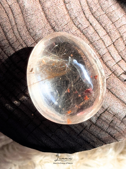 Natural Golden Rutilated Quartz Palm Stone with Red Blossom-Like Inclusions