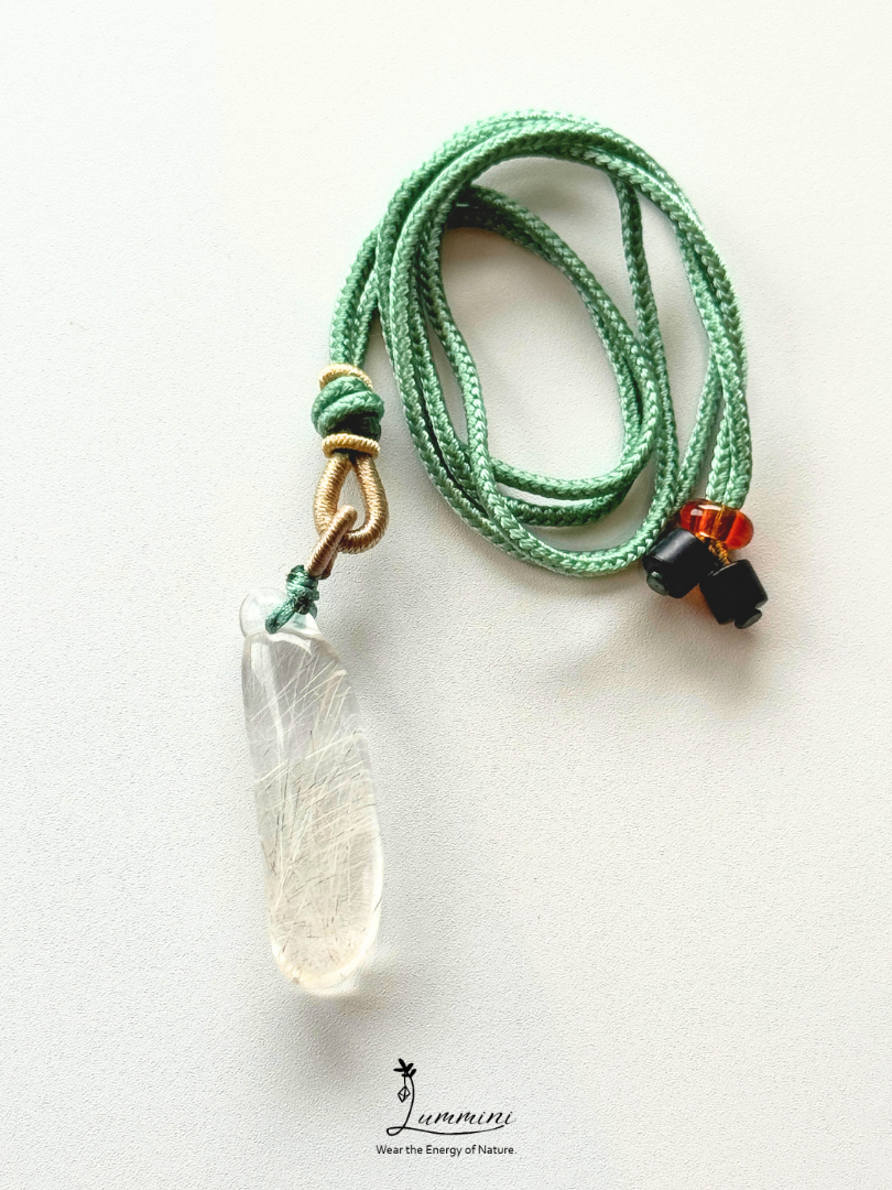 Rare!! Natural Silver & White Rutilated Quartz Eggplant Pendant Necklace – 42.5mm