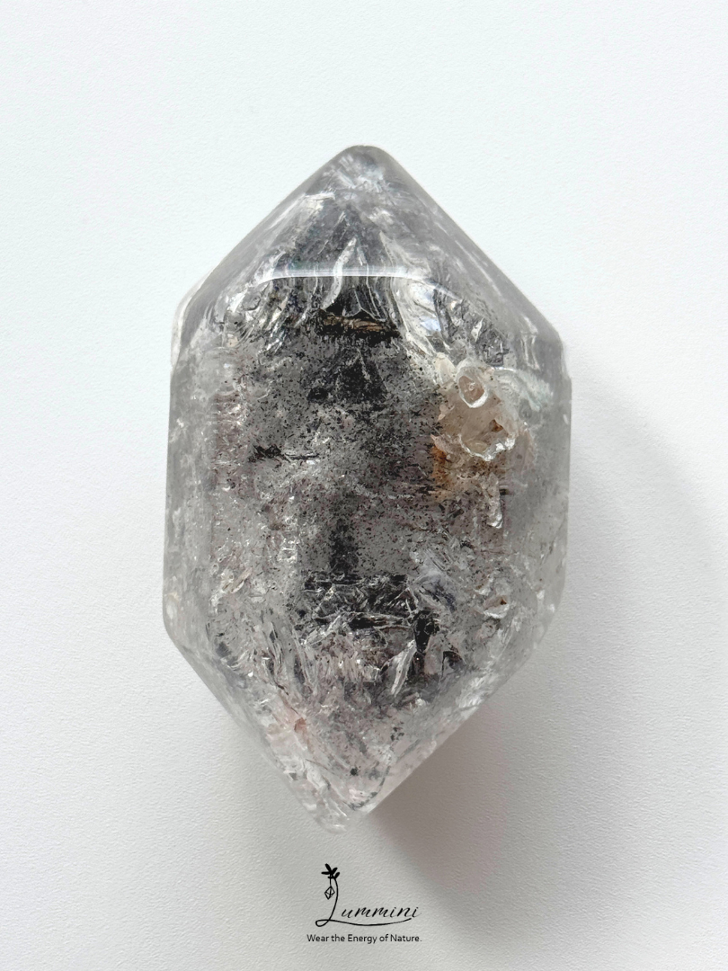 Natural Polished Guizhou Herkimer Quartz Double-Terminated Palm Stone – 108g, White Clay & Black Sand Inclusions – 67.5mm