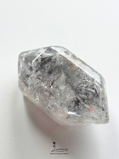 Natural Polished Guizhou Herkimer Quartz Double-Terminated Palm Stone – 108g, White Clay & Black Sand Inclusions – 67.5mm