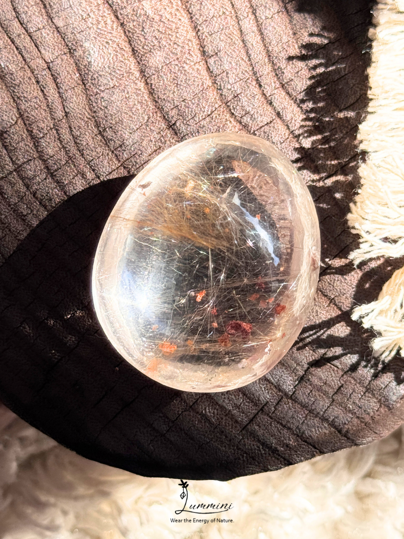 Natural Golden Rutilated Quartz Palm Stone with Red Blossom-Like Inclusions
