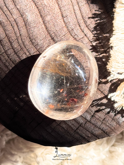 Natural Golden Rutilated Quartz Palm Stone with Red Blossom-Like Inclusions