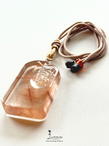 Rare!! Collector-Grade Red Copper Rutilated Quartz Guanyin Statement Necklace – Hand Carved 47.5mm