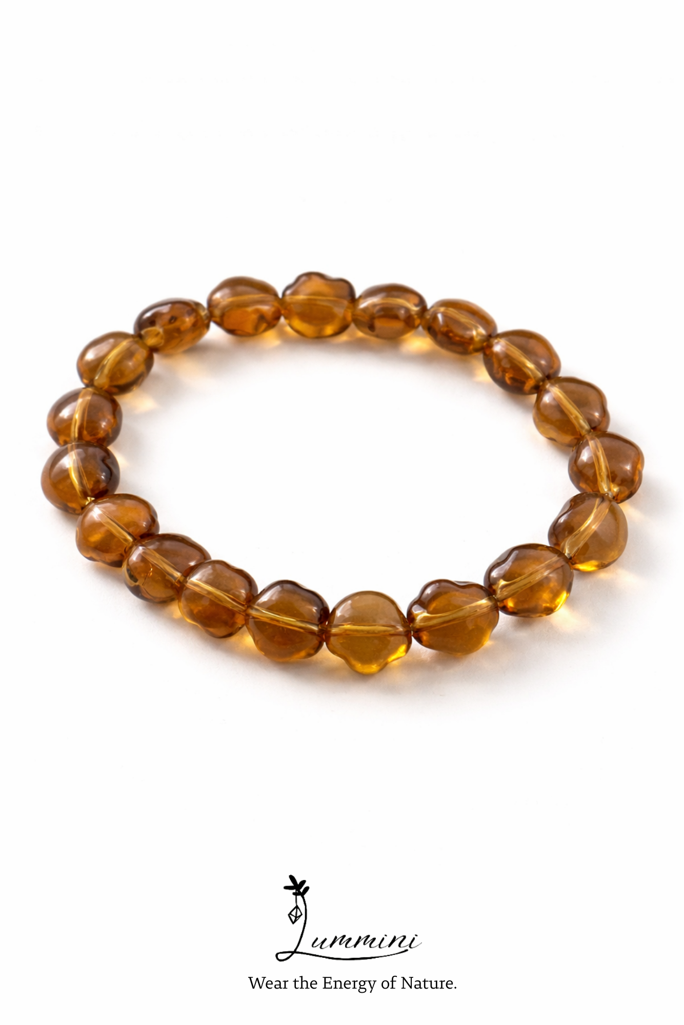 Brown beaded bracelet on a white background with 'Luminari' branding.