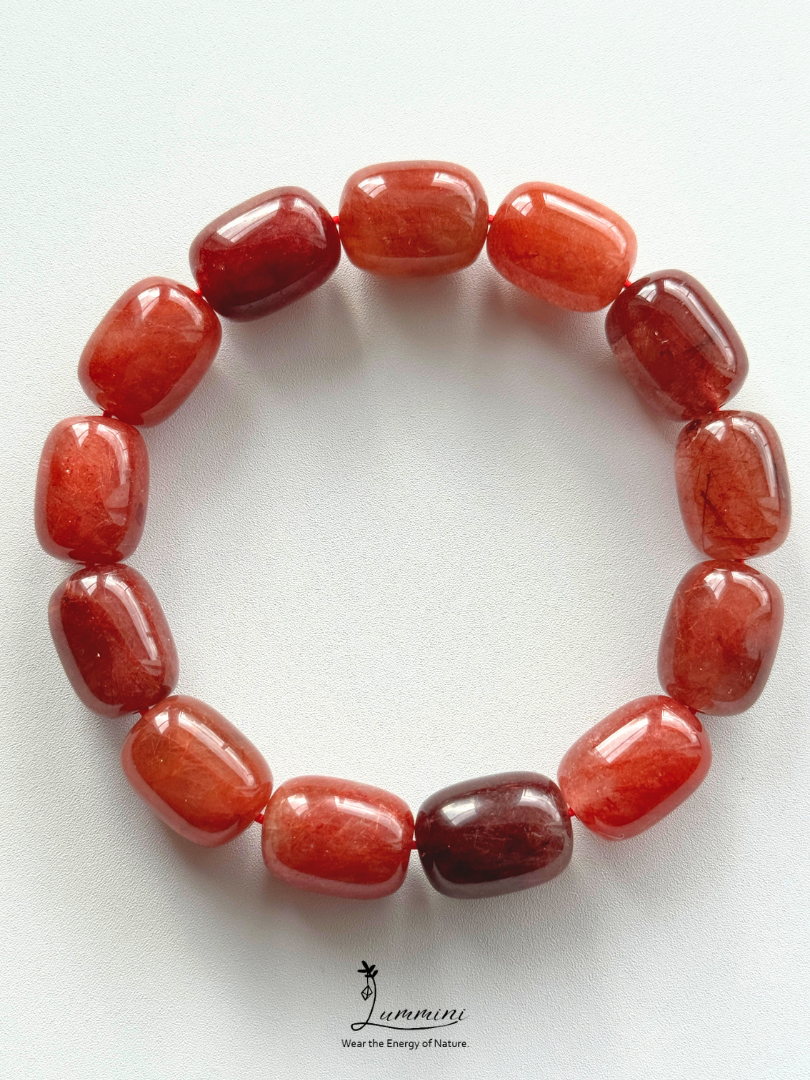 Natural Red Copper Rutilated Quartz Barrel Bead Bracelet – 12 × 16 mm