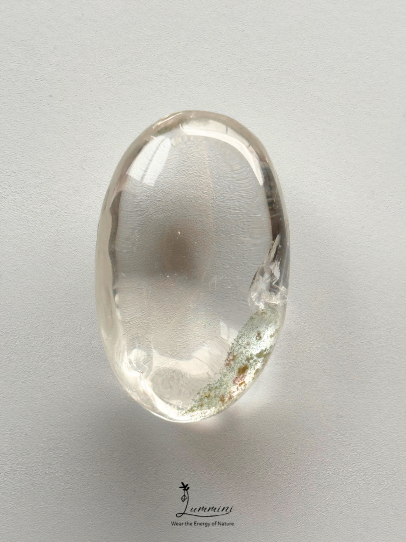 Natural Clear Quartz Palm Stone with Green Garden Quartz Inclusions - 67g