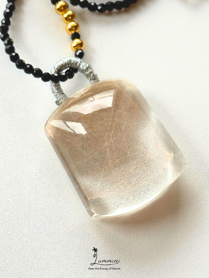 Natural Golden Rutilated Quartz Pendant Necklace with Black Obsidian Beaded Chain – 28mm