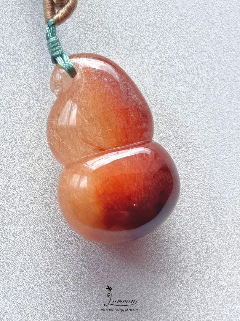 Natural Two-Tone Rutilated Quartz Gourd Pendant Necklace – Handwoven, One of a Kind