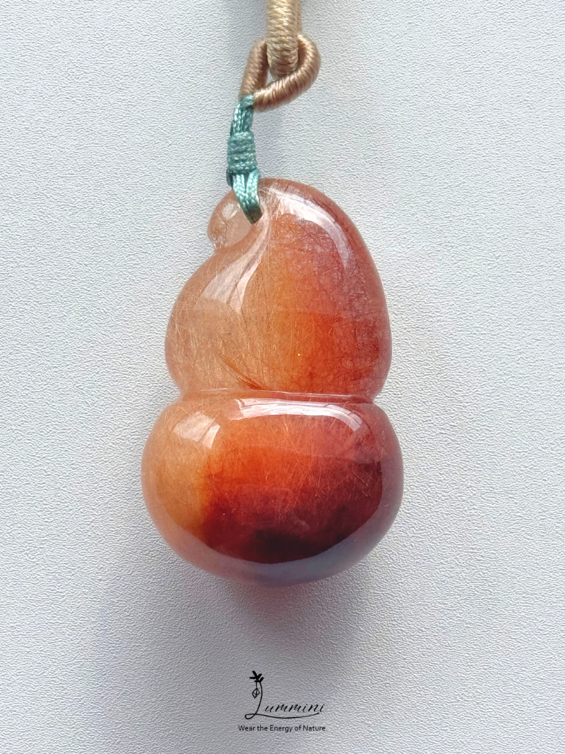 Natural Two-Tone Rutilated Quartz Gourd Pendant Necklace – Handwoven, One of a Kind