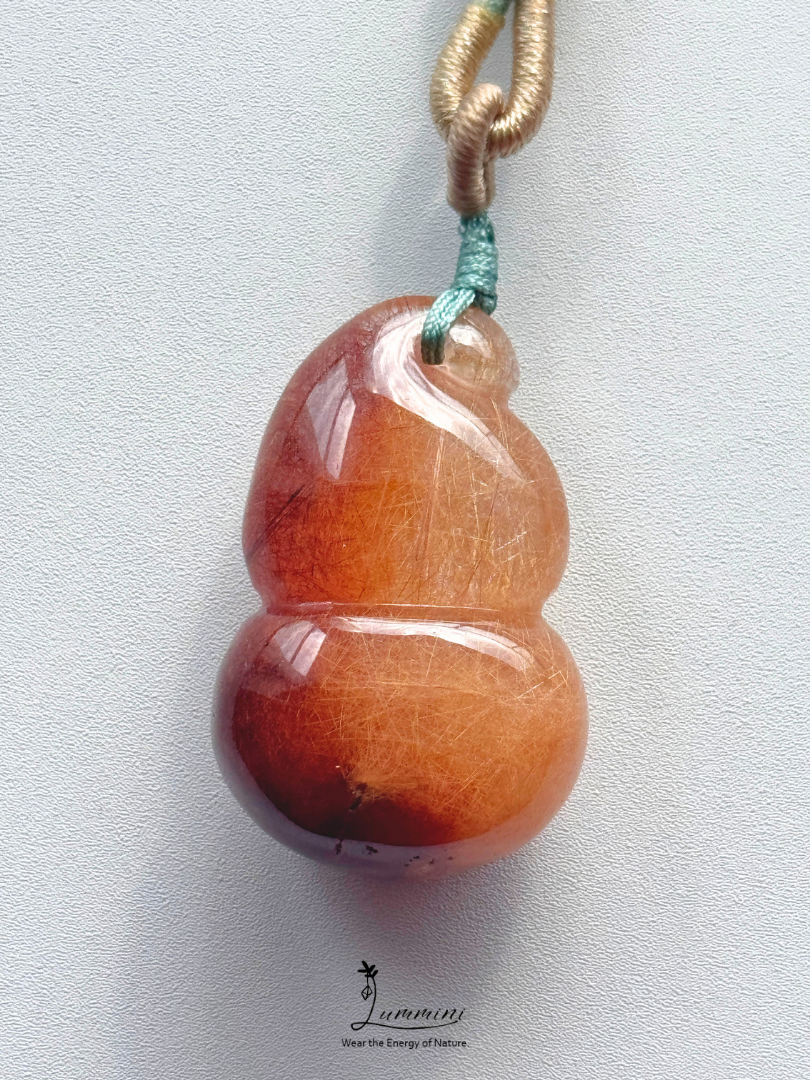 Natural Two-Tone Rutilated Quartz Gourd Pendant Necklace – Handwoven, One of a Kind