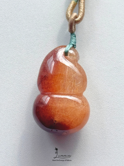 Natural Two-Tone Rutilated Quartz Gourd Pendant Necklace – Handwoven, One of a Kind