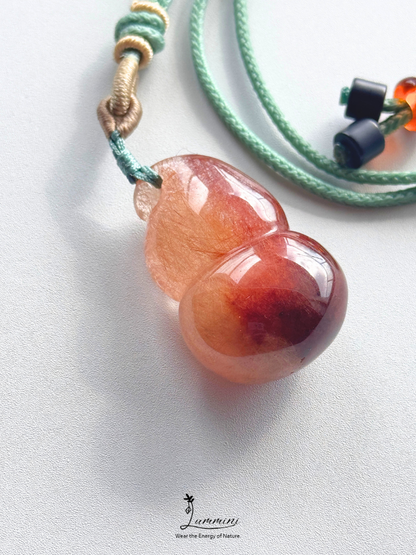 Natural Two-Tone Rutilated Quartz Gourd Pendant Necklace – Handwoven, One of a Kind